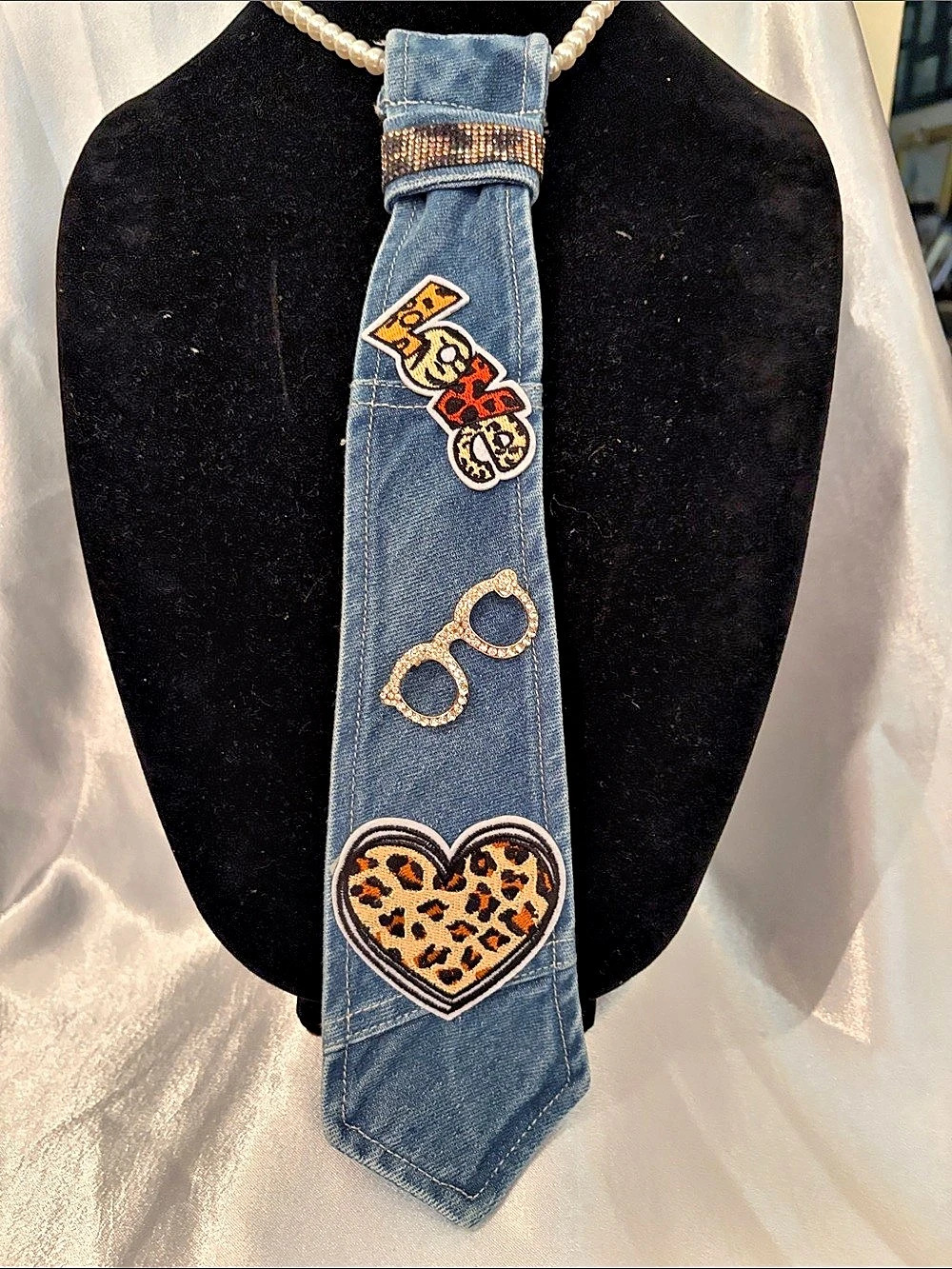 Embellished Denim Tie in Blue & White